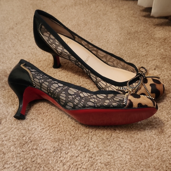 Christian Louboutin Black Leather and Lace Spike  Heels - Picture 1 of 16